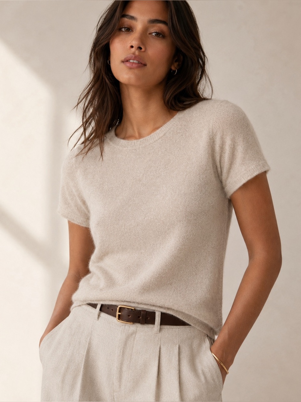 In Cashmere 100% Cashmere Short Sleeve Sweater Tee Oatmeal Beige NWOT Size M